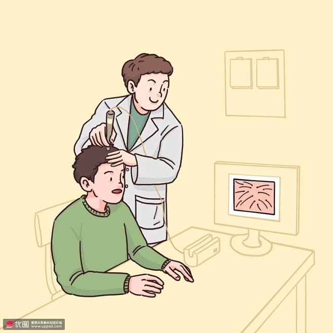 医生男孩电脑仪器检测发质问题健康插画医疗...