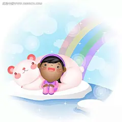 靠在北极熊上的可爱卡通小女孩白云|北极熊|彩虹|插画|动漫|海水|卡通|卡通人物|卡通人物图片|可爱的|漫画人物|人物|人物素材|人物图片|矢量人物|矢量素材|手绘|水面|小女孩|雪地