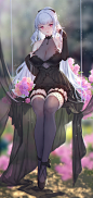 swd3e2, big boobs, long hair, red eyes, blush, open mouth, sitting, thighs, cleavage, bare shoulders, anime, anime girls, huge breasts, black dress, black stockings, stockings, rose, pink roses, black bras, bra, black panties, Closers, Closers: Dimension 