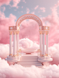 white arch and pink cloud clouds on a pink background, in the style of baroque-inspired grandeur, photorealistic renderings, lomo lc-a, aerial view, award-winning, furaffinity, fairycore