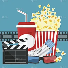矢量插图。爆米花和饮料。薄膜带边界。电影院电影之夜图标在平面设计风格。明亮的背景。