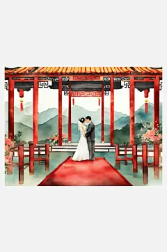 AI数字艺术中式婚礼背景水彩插画-众图网
