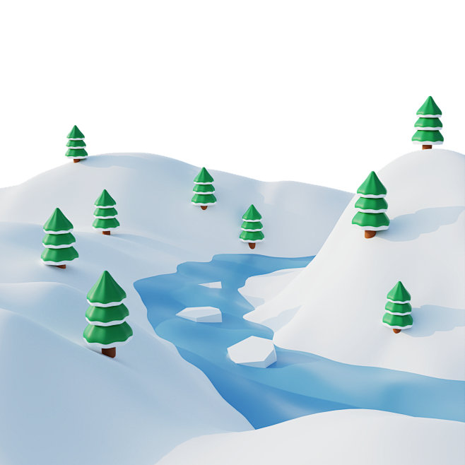 3DC4D立体冬季雪山松树河流雪景