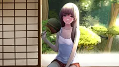 夏天，女孩，扇子，坐，房子，树木，日本动漫女生桌面壁纸