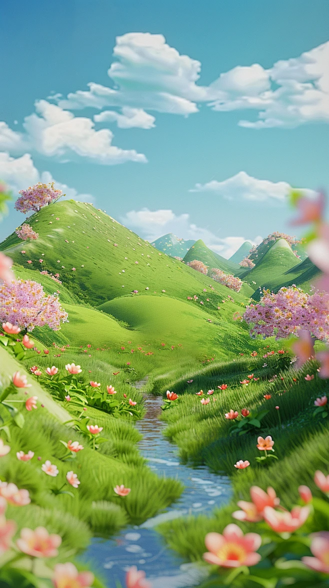 dqian_3D_illustration_of_a_cute_green_spring_flower_meadow_with ...