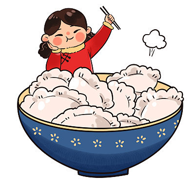 卡通手绘冬至吃饺子美食人物素材