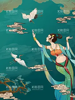 敦煌国潮手绘  - 源文件下载【酷图网】敦煌,国潮,手绘,飞天,仙鹤,祥云,海报
