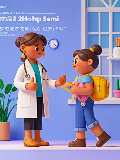 商业插画，妈妈和孩子的亲子照片，医生妈妈和孩子在交流，卡通形象，C4D，Illustration，3D，商业插画，细致的线条精度，治愈，细节完美，精细刻画，辛烷渲染，8K画质，史诗般的构图，虚高细节8