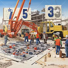 地面由建筑图纸组成还有起重机和大型卡车有人在指挥施海报