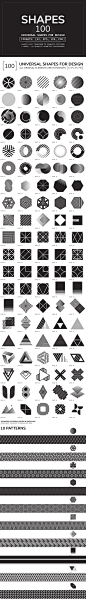 100 geometric shapes : Set of 100 individual geometric shapes for your the best projects +BONUS - 10 seamless patterns (with elements from this set). All objects easy transform to seamless patterns. Universal vector geometric elements in black and white c