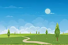 以山、蓝天、白云为背景的春绿田园景观，以绿草如茵的田园风光尽收眼底。卡通矢量插图为春天和夏天的旗帜插画素材