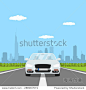 picture of car on the road with forest and big city silhouette on background, flat style illustration