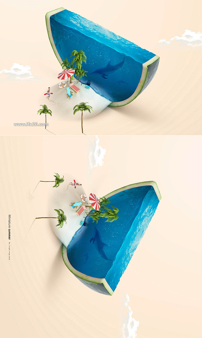 【乐分享】夏天创意海边水果海浪沙滩海报P...