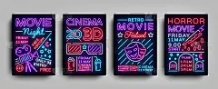 电影3d收集海报设计模板霓虹风格。为电影院设置霓虹灯招牌、灯光横幅、亮传单、设计印刷明信片、宣传册、