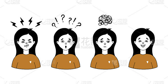 一组女孩的脸表达不同的情绪，如愤怒，悲伤，快乐，惊讶。