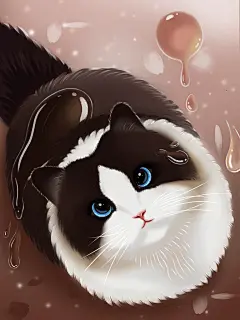 可爱气泡奇幻黑白蓝瞳猫咪卡通梦幻插画