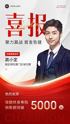 金融保险销售业绩人物喜报喜庆商务风手机海报