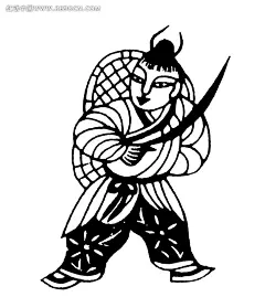 中国古典人物图案-虎头盾拿在身后的拿刀男子传统图案|古代男子|古代人|古代人物|黑白|拿刀|人物素材|人物图片|矢量人物|矢量素材|中国风|中国古典