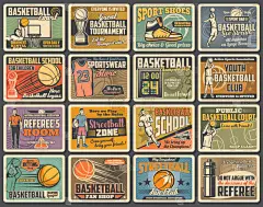 篮球运动员用传送球、篮筐和篮筐还原海报。篮球队比赛场地、获奖者奖杯杯、制服球衣和运动鞋、锦标赛记分板