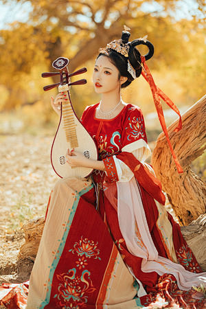 户外琵琶行古风唯美晚秋户外风景少女弹琴图...