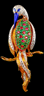 18k Yellow Gold Diamond, Ruby & Emerald Bird Pin