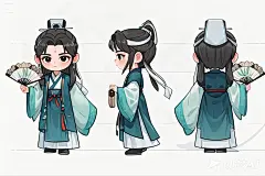 生成ip形象设计 手绘 Q版 手绘 插画 矢量 漫画  背景简单 细节丰富  三视图 正视图 侧视图 后视图 主体是诸葛亮 手里拿着羽毛扇 穿着古风的衣服 容貌俊美,面白如玉,唇红齿白,五官端