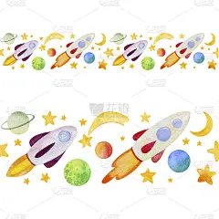 彩色的无缝边界的恒星，火箭，行星孤立在白色的背景