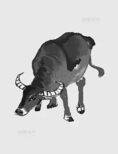 中国风水墨画水牛放牛牧童黑白画