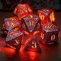 a complete set of D&D dice all made of molten lava, silver trim and filligree, super detailed, impossibly intricate, glowing arcane lettering