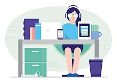 一款免费的办公桌前的女孩矢量插画 UI设计素材——下载请到设计百宝箱 https://uirush.net