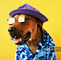 Dog wearing sunglasses, Hawaiian shirt and purple hat - 创意图片 - 视觉中国