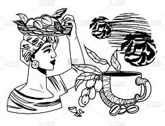 咖啡装饰图形与收获的女人，矢量插图孤立。