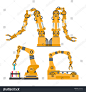 Set of robotic arms, hands. Vector robot icons set. Industrial technology and factory symbols. Flat illustration isolated on white background，机械人，人工智能，AI，机械臂，流水线