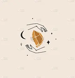手绘矢量抽象股票平面图形插图与标志元素，波西米亚魔术线艺术的水晶，新月和女性的手在简单的风格品牌，孤