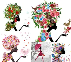 5款缤纷花卉女子插画矢量素材