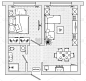 一所房子的建筑平面图。公寓平面布局及图纸上的家具。有厨房、浴室、客厅和卧室。室内设计图标在俯视图。平