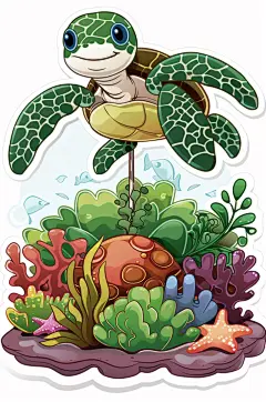 AI数字艺术卡通海洋动物海龟涂鸦插画贴纸-众图网