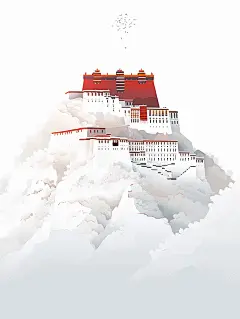 布达拉宫被白色浓雾包围，佛教禅宗平面插图海报