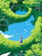 prompt ：
Create an illustration in the style of Ghibli, with two green trees forming a circle and the sky in the background with birds flying around. A little girl in red shorts walked on the path between them. The scene should have a bright blue sky and 
