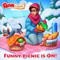 可能是包含下列内容的卡通画：上面的文字是“Farmscapes FUNNY PICNIC IS ON!”