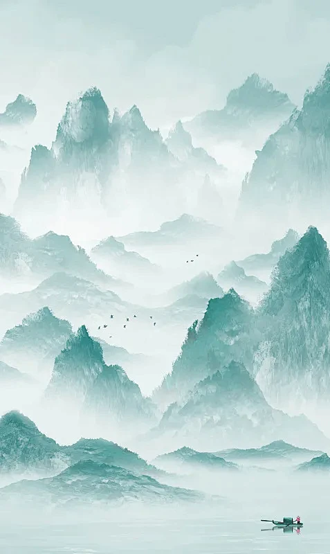 竖版蓝色山水画图片下载-花瓣网