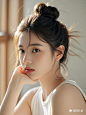 4分之3侧脸 欧洲美女 丸子头 白色背心 (1)