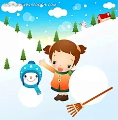 在雪地上堆雪人的可爱小女生白云|插画|动漫|堆雪人|房子|卡通|卡通人物|卡通人物图片|可爱的|漫画人物|人物|人物素材|人物图片|矢量人物|矢量素材|手绘|树|小女孩|小朋友|雪地|雪人