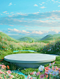 3d cartoon style. A simple circular stage is placed on a grassland with water and flowers. Blue sky background. There are rolling hills in the distance. Vibrant green, fresh spring breath. The Chinese grassland. Center composition. Cartoon style, surreali