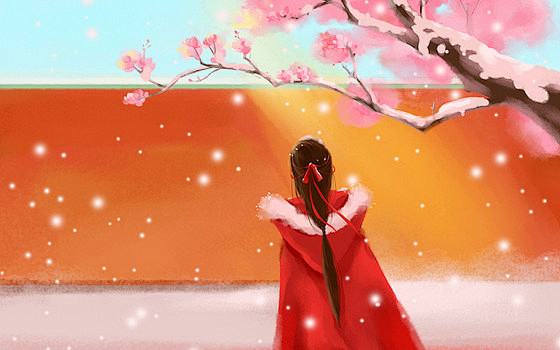 古风以人物建筑屋檐树枝为设计主题添加雪烘...