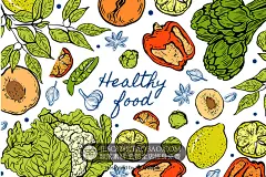 黑白彩色手绘水果蔬菜茄子青菜包菜葱蒜辣椒花菜黄瓜胡萝卜AI素材-淘宝网