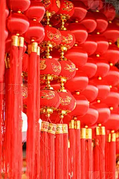 traditional red Chinese lantern decorated for the Chinese New Year (Spring Festival), the Chinese characters 'fu' on it which mean 'good luck' or 'blessingfestive Chinese lantern