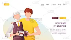网页设计与成年儿子拥抱他的老父亲与爱。父性，为人父母，父子关系，父亲节，幸福家庭理念。