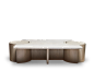 Prospect Coffee Table : The Prospect Coffee Table features a stone top that rests atop a sculpted American walnut or white oak base with two cutouts for drum tables on either end.  [tab]Dimensions[/tab] Overall: 64w 40d 15hDrums: 16dia 15h [tab]Material[/