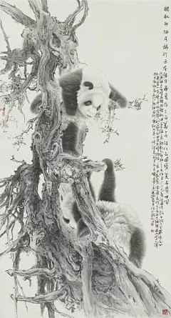 《艺展中国》林机国画熊猫作品展_笔下 : 林机是四川青年画家，林机是近十年来潜心画熊猫的青年画家。仿佛一个季节，本来是秋的色彩缤纷，忽儿到了冬了，下了一场雪，成就了一个黑白世界，随着踢踏的碎响，就那么慢腾腾的来了一只、两只、三只……喔喔——…